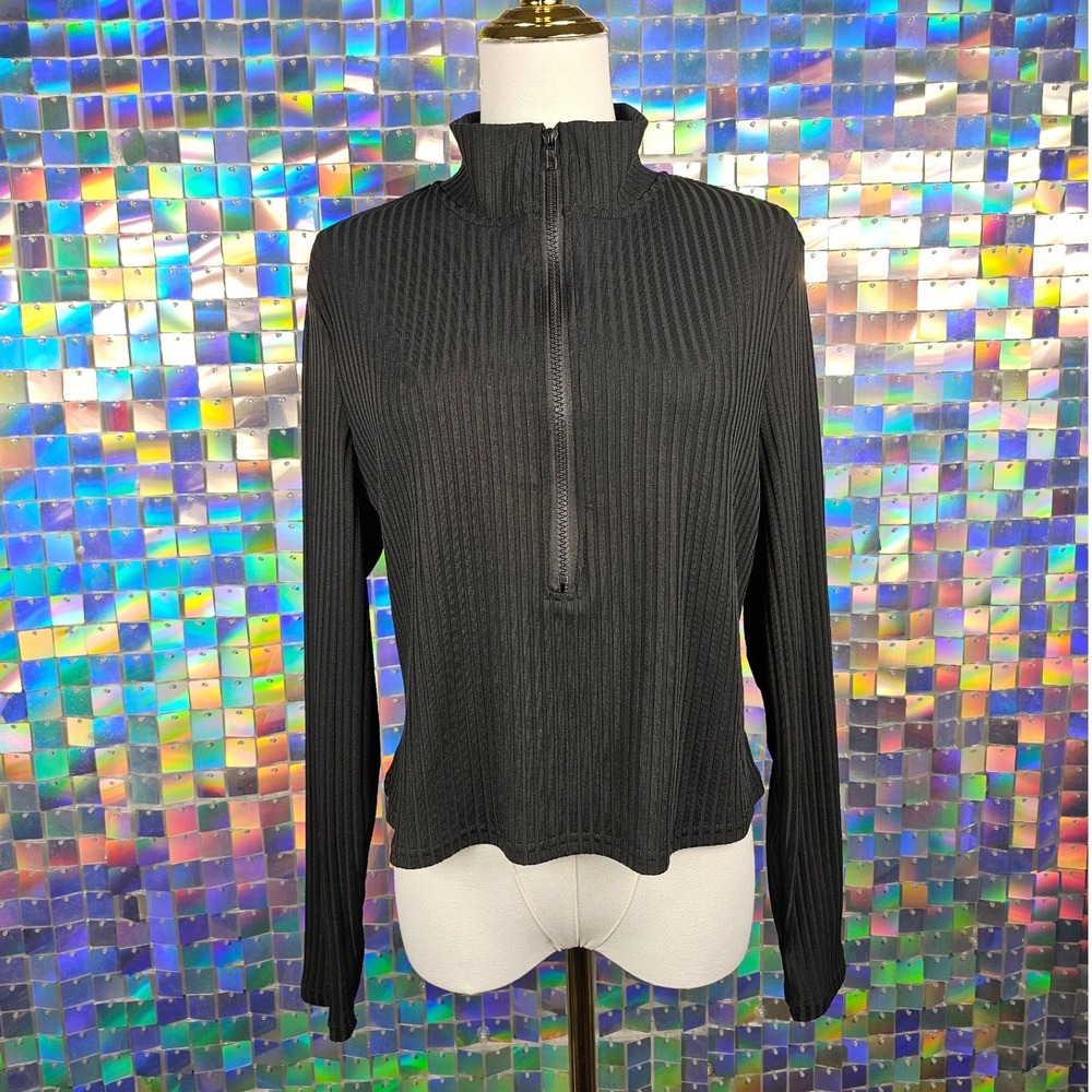 SHEIN Curve Black Ribbed Mock Neck Zip Up Long Sleeve Top Plus
